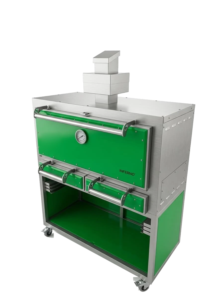 The Inferno 1200 in a green finish, from the front right: a thermometer on the green door, the Inferno logo at its corner, two green drawers below, a stainless body with the stepped firebreak and diffuser chimney on top, and an open green-lined stand with grid storage, on castors.